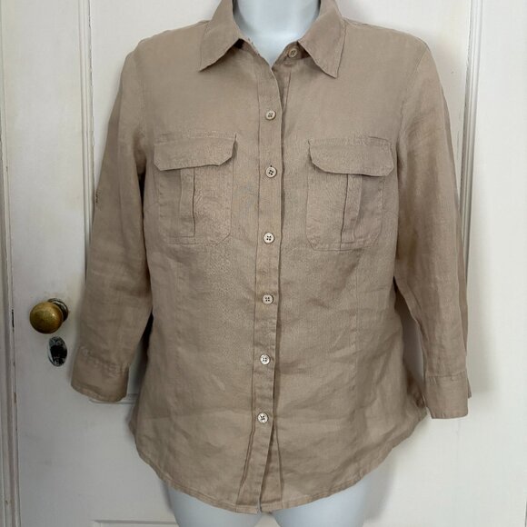 Acrobat 100% Linen Button Down Tan Safari Shirt, Size S - Picture 1 of 6
